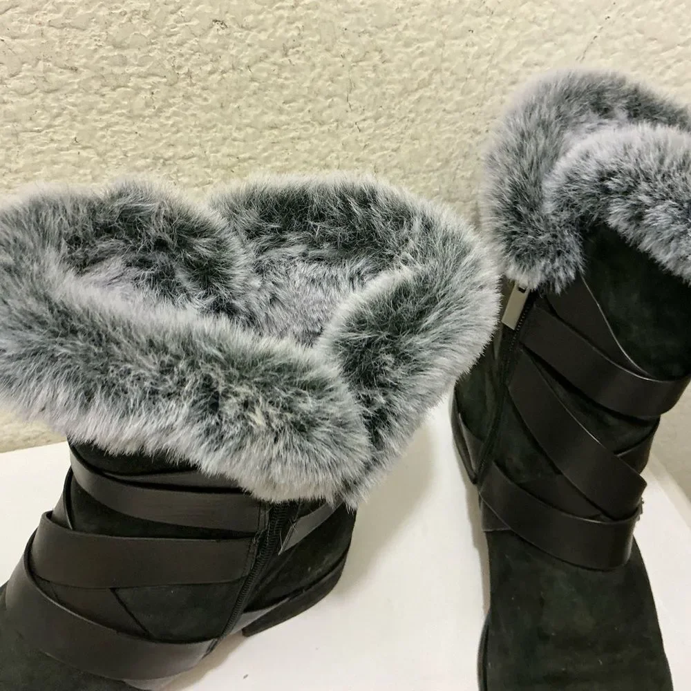 Charles David Schmidt Motorcycle Bootie Fur-Trimmed Boots size 10